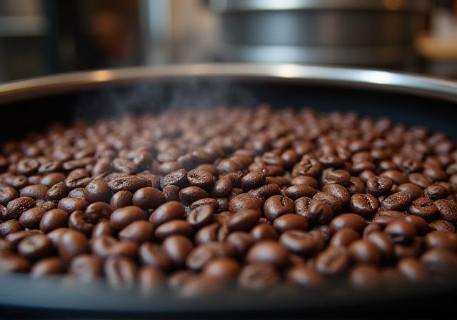 Granos de café enfriándose en la tostadora